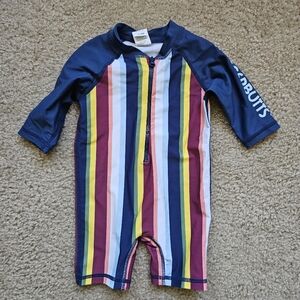 Rugged Butts one piece rashguard swimsuit blue stripes long sleeve 3-6 months